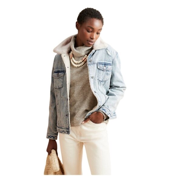 Banana Republic Sherpa Lined Acid Washed Denim Jean Jacket - Picture 1 of 9